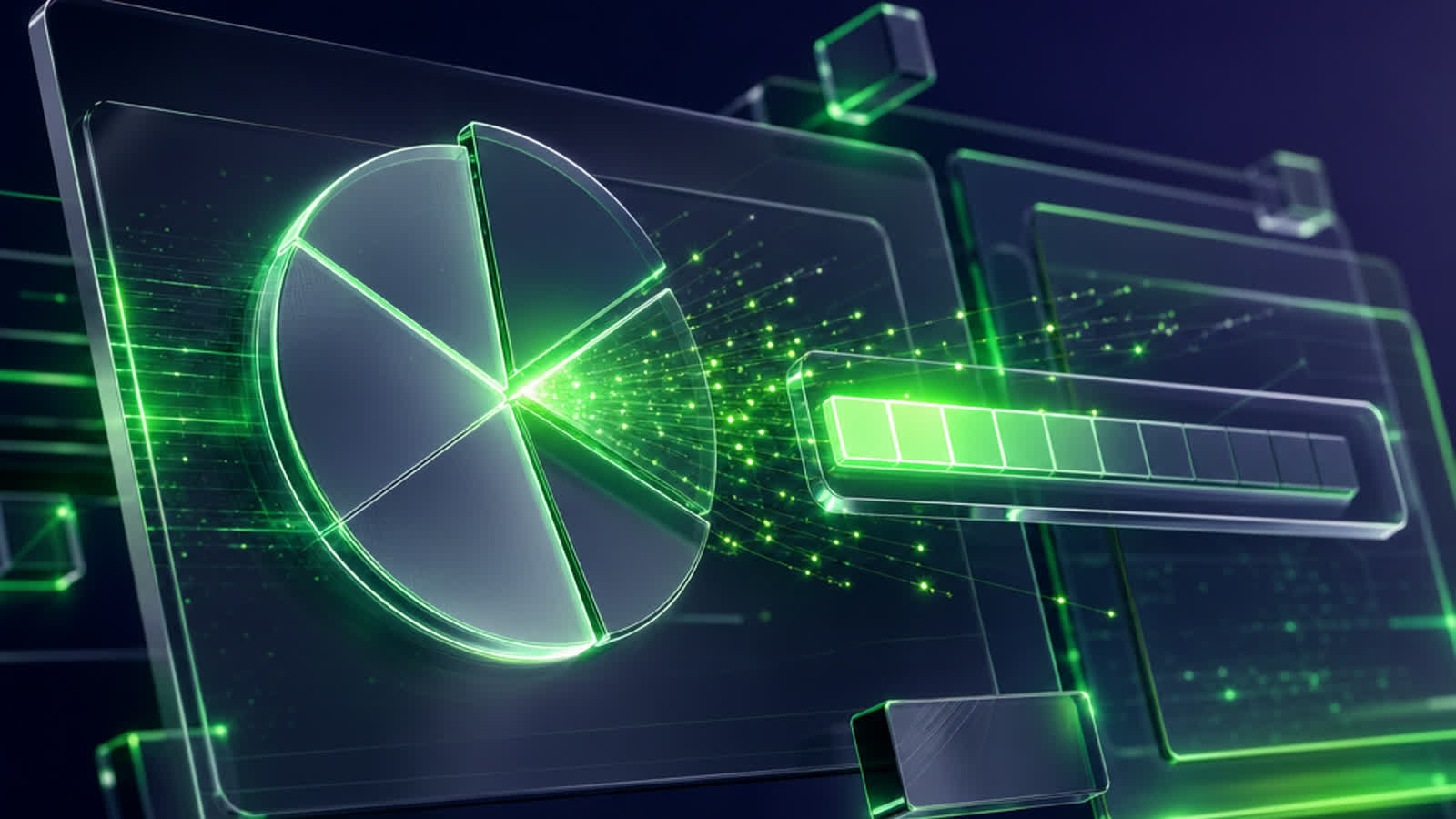 Stylized 3D of a translucent cost-allocation pie chart splitting into neon lime-green sectors over a deep navy background