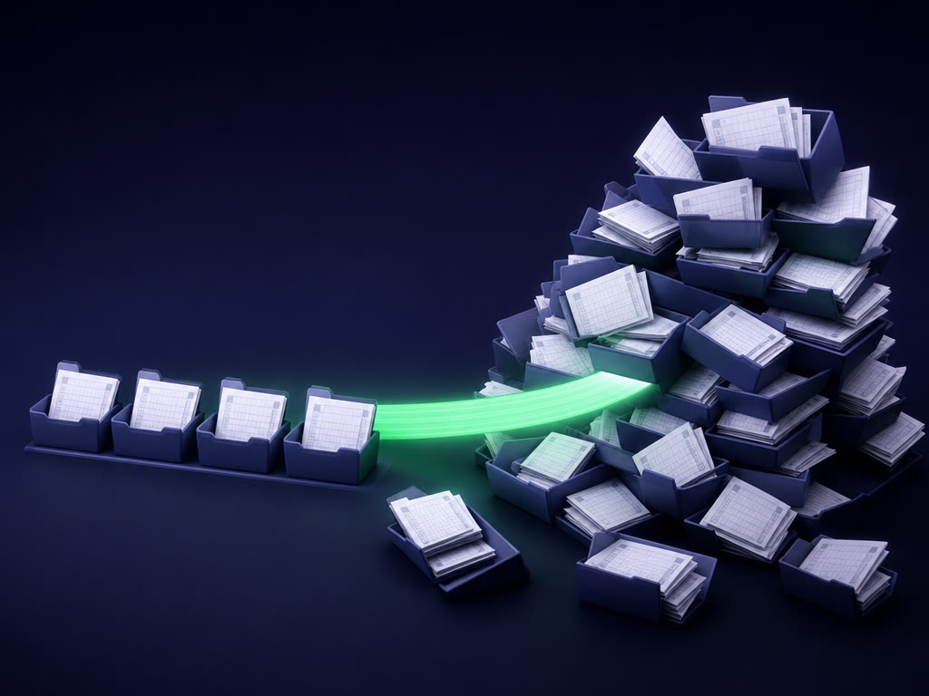 Stylized 3D of a growing stack of bid documents overwhelming an estimating pipeline, a neon lime-green throughput beam bending under the load, on a deep navy background