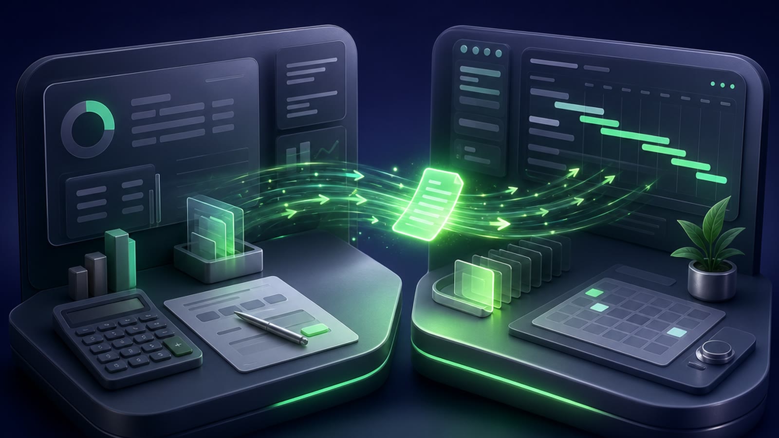 Stylized 3D relay: a neon lime data stream arcing from an estimator panel to a PM panel across a deep navy background