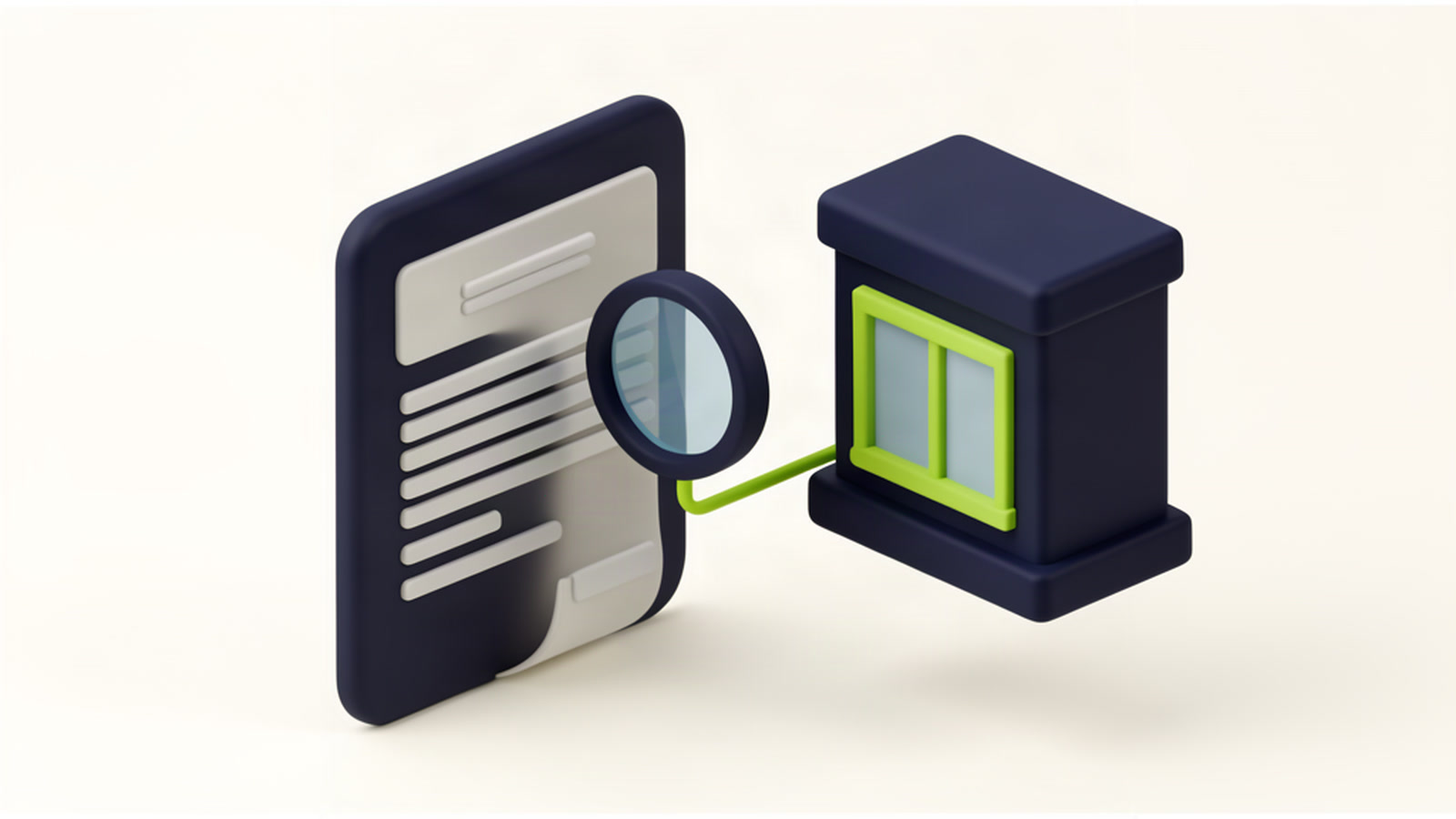 Stylized 3D of a navy NOA document under a magnifying glass linked by a neon lime-green line to a storefront window