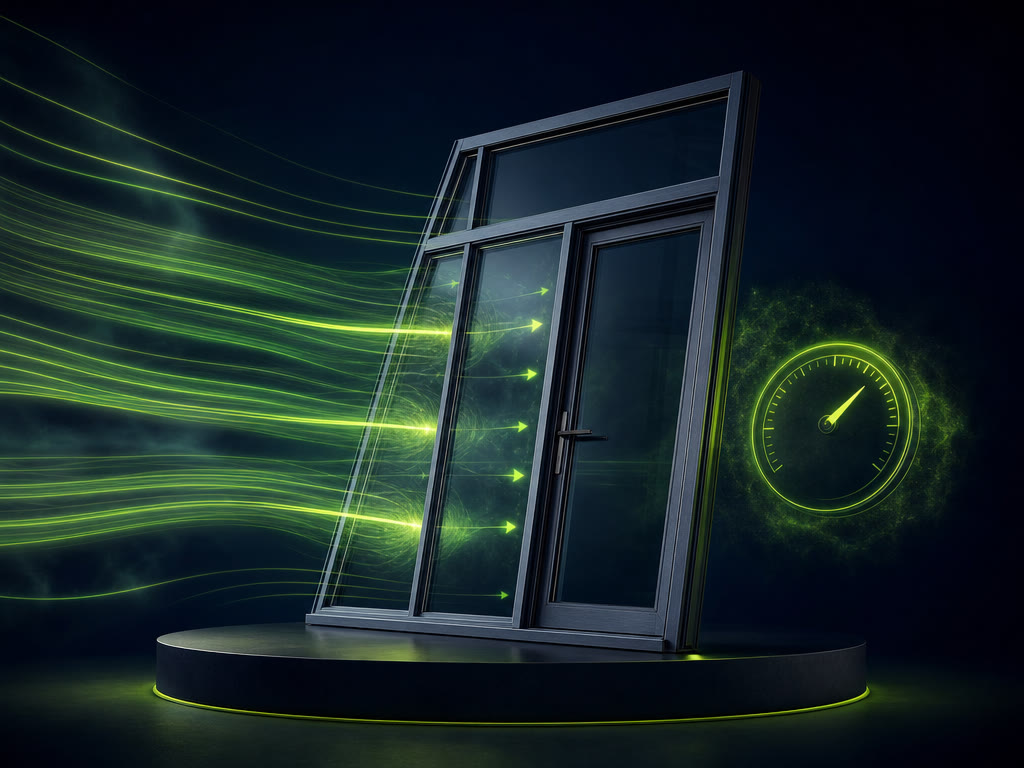 Stylized 3D window system with neon lime-green wind-pressure streamlines flowing toward the glass and a glowing pressure gauge, on a deep navy background