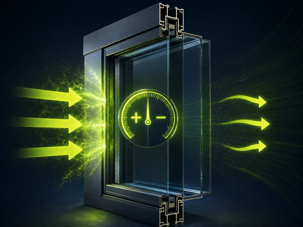 Stylized 3D window in cross-section with neon lime-green arrows pushing inward on one side and pulling outward on the other, and a balanced ± pressure gauge, on a deep navy background