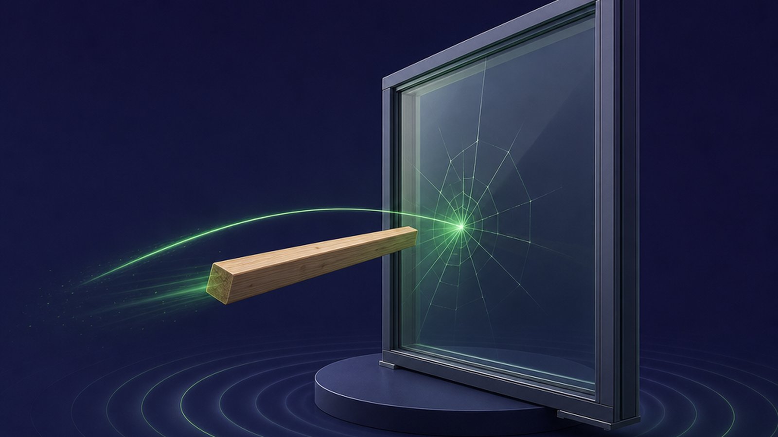 A window panel being struck by a 2×4 timber missile in a stylized 3D impact test, with lime-green motion trails on a deep navy background